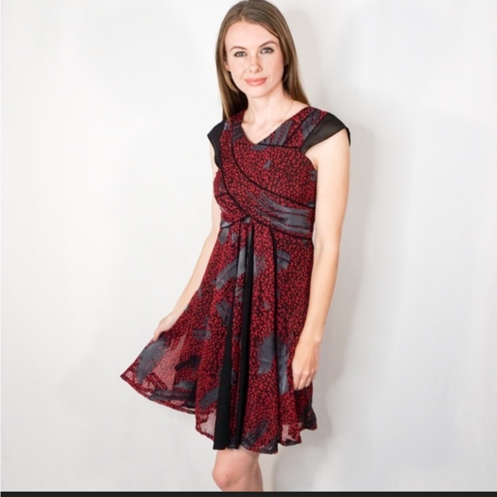 REISS Loretta Red & Black Chiffon Fit & Flare Dress | Size 6